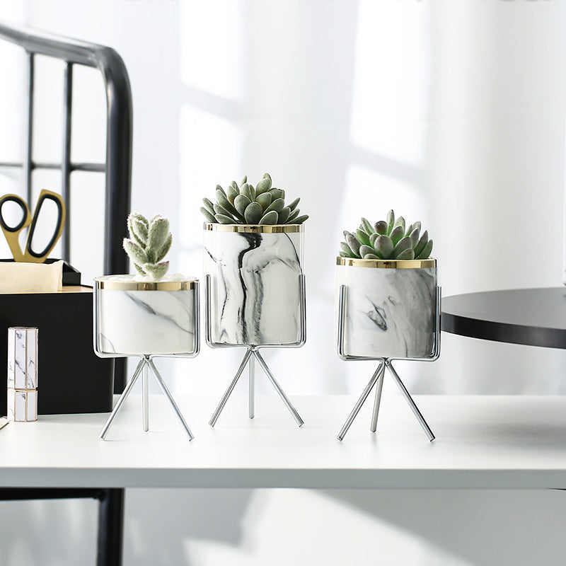 Marble Ceramic Pot with Metal Frame